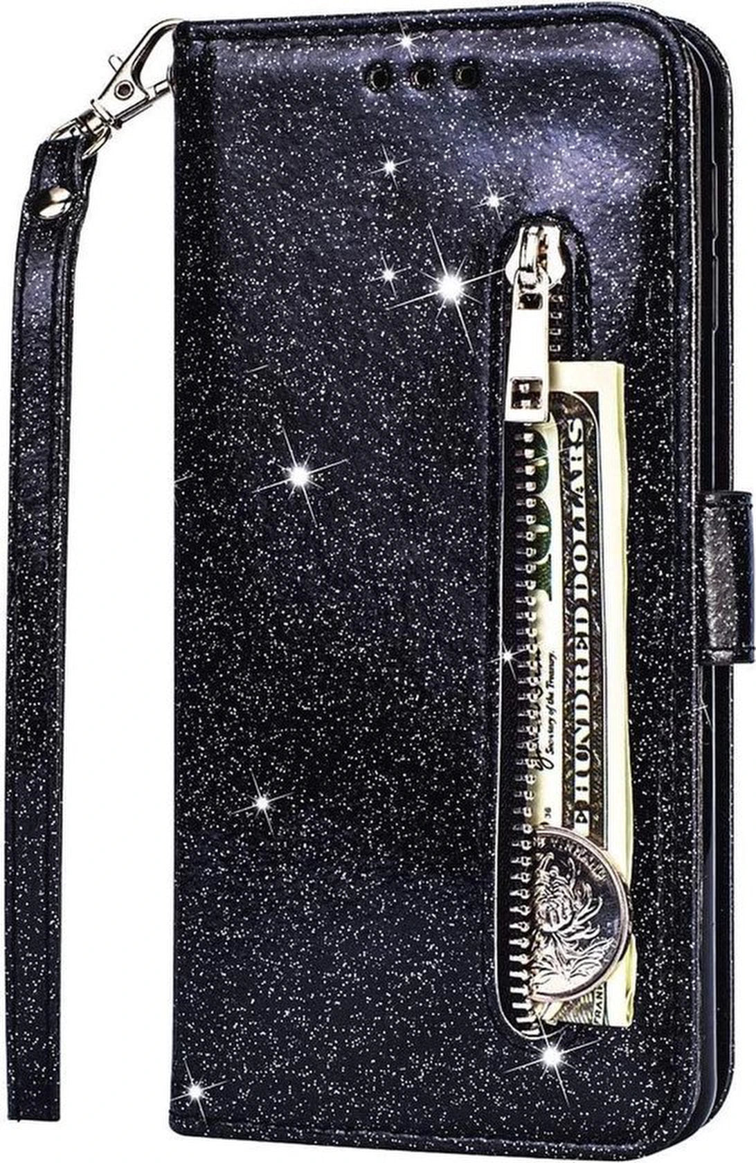 Samsung Galaxy M31S Hoesjes – Glitter Portemonnee Bookcase – Rits – Koord – Pasjeshouder – Zwart