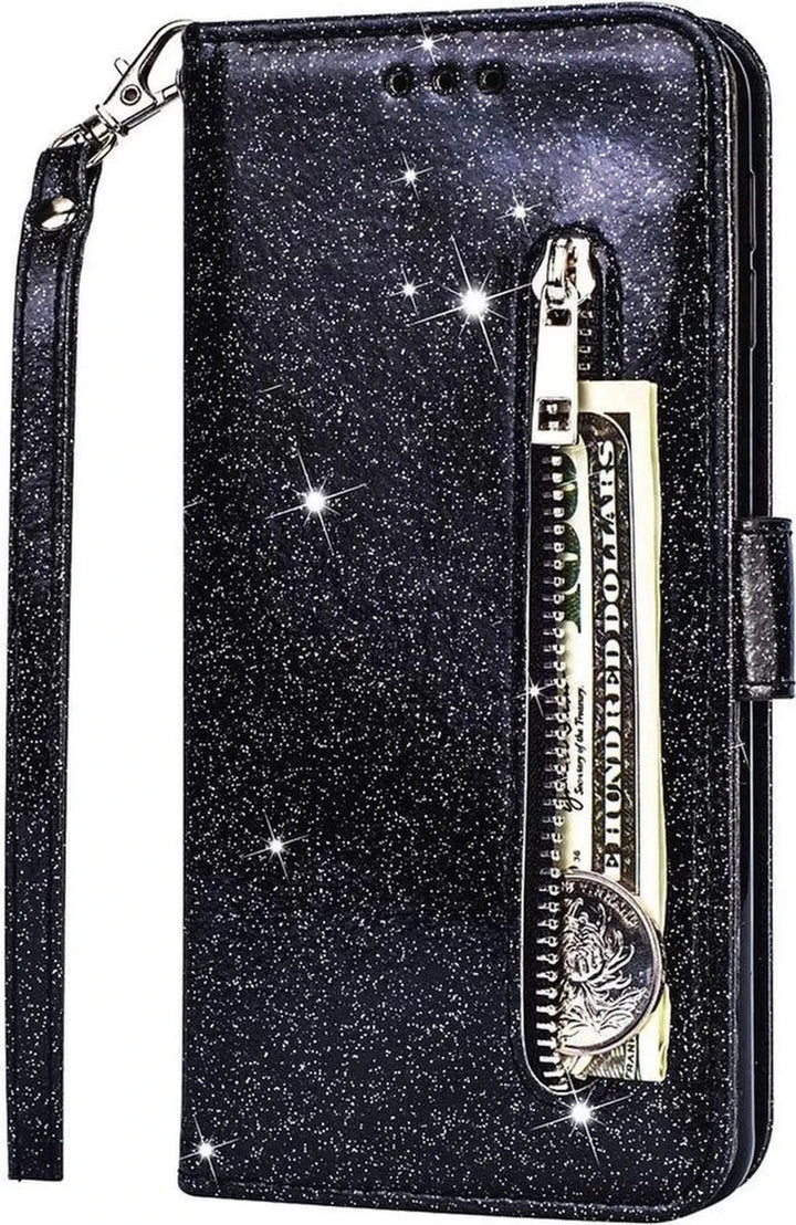 Samsung Galaxy M31S Hoesjes – Glitter Portemonnee Bookcase – Rits – Koord – Pasjeshouder – Zwart-Ilumina Benelux