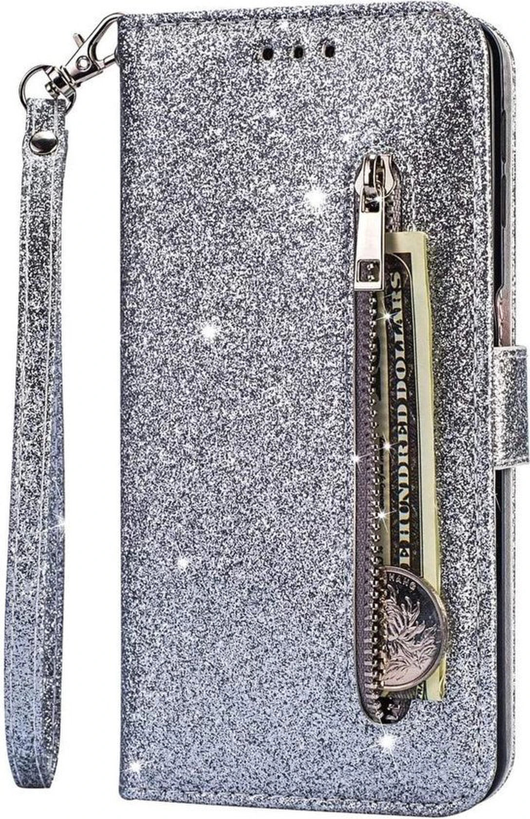 Samsung Galaxy M21 Hoesjes – Glitter Portemonnee Case – Rits & Koord – Pasjeshouder – Zilver