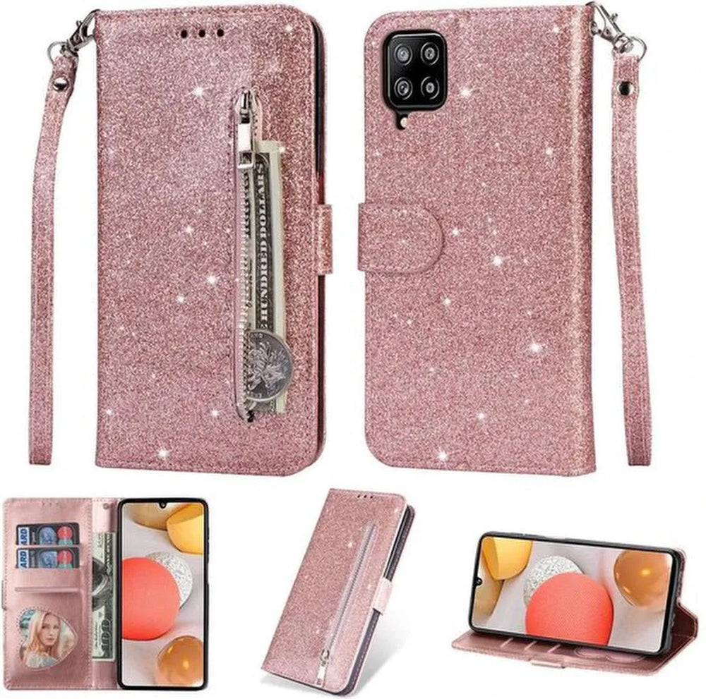 Samsung Galaxy A42 Hoesjes – Glitter Portemonnee Case – Rits & Koord – Pasjeshouder – Roségoud-Ilumina Benelux