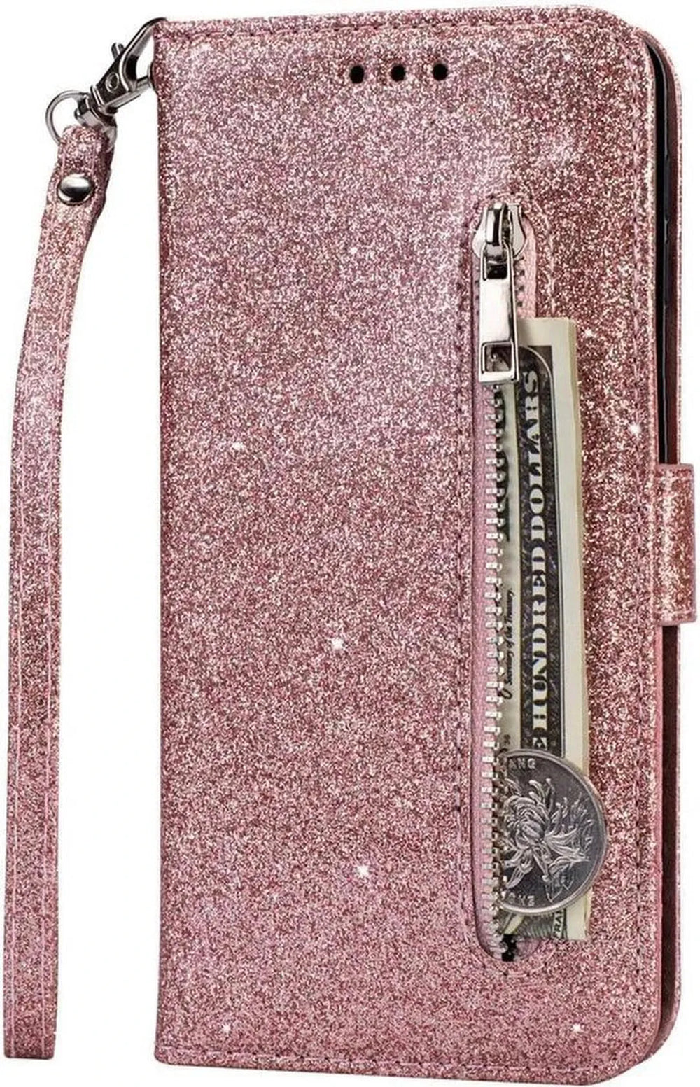 Samsung Galaxy M11 Hoesjes – Glitter Portemonnee Hoes – Rits & Koord – Pasjeshouder – Roségoud-Ilumina Benelux