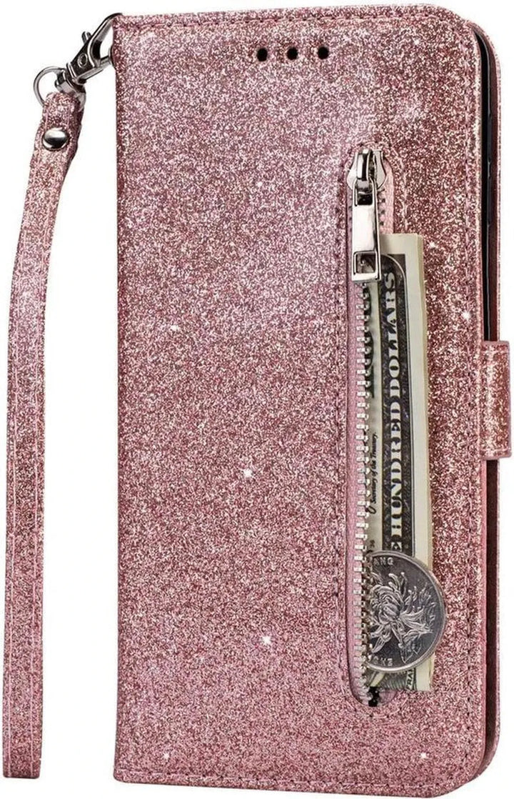 Samsung Galaxy M11 Hoesjes – Glitter Portemonnee Hoes – Rits & Koord – Pasjeshouder – Roségoud-Ilumina Benelux