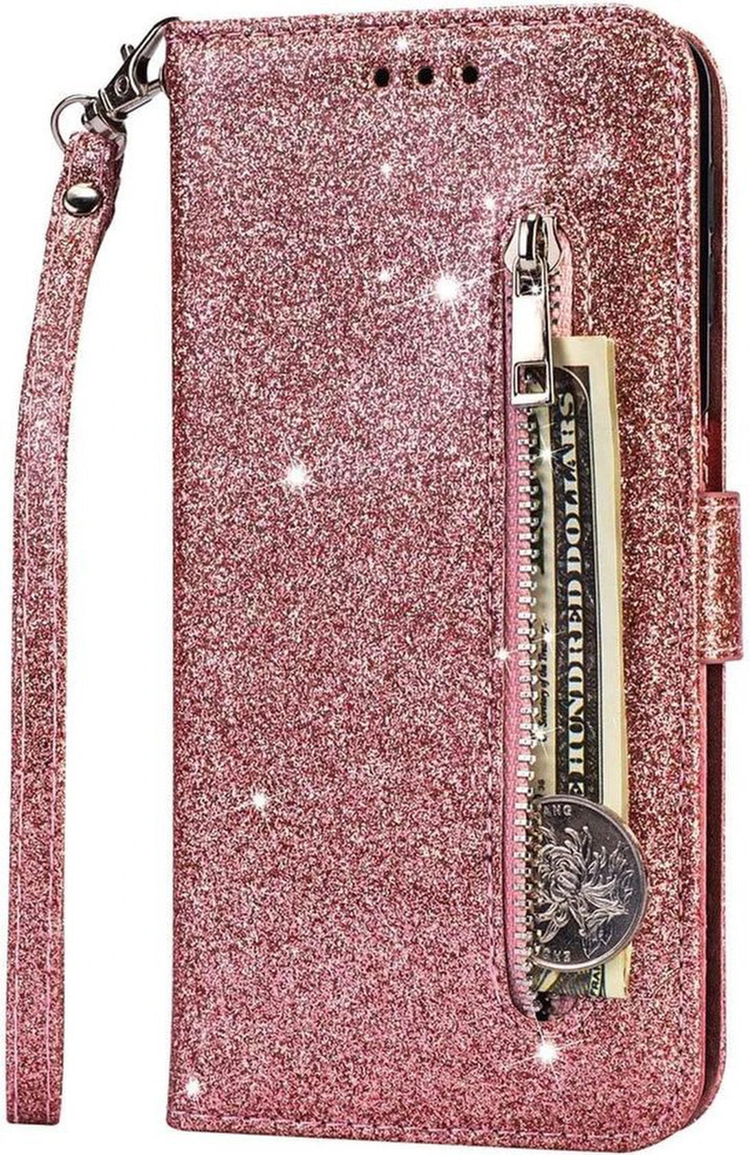 Samsung Galaxy M21 Hoesjes – Glitter Portemonnee Case – Rits – Koord – Pasjeshouder – Roségoud