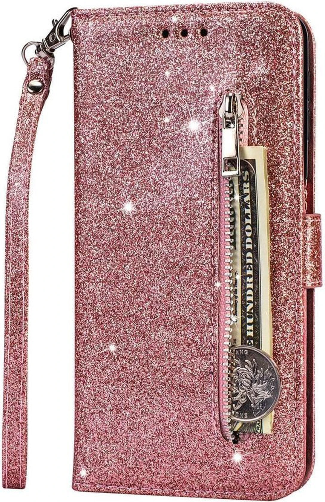 Samsung Galaxy M31S Hoesjes – Glitter Portemonnee Case – Rits & Koord – Pasjeshouder – Roségoud