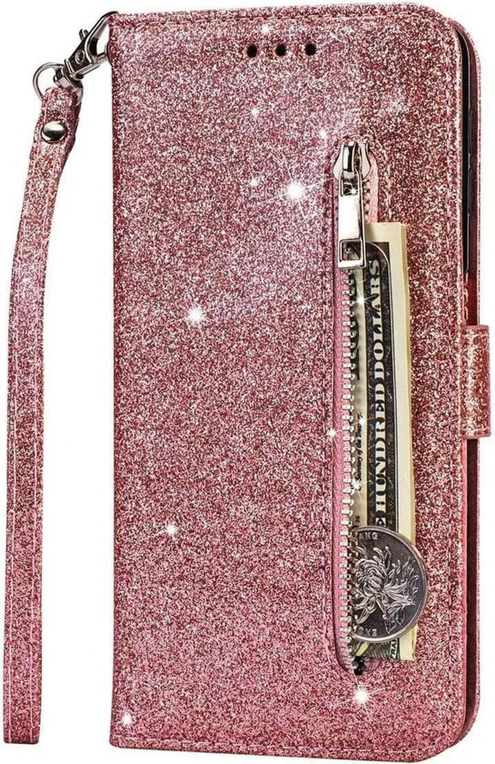 Samsung Galaxy M31S Hoesjes – Glitter Portemonnee Case – Rits & Koord – Pasjeshouder – Roségoud-Ilumina Benelux