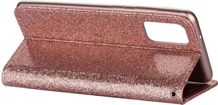 Samsung Galaxy S20 FE Hoesjes – Glitter Bookcase Portemonnee – Rits & Koord – Pasjeshouder – Roségoud-Ilumina Benelux