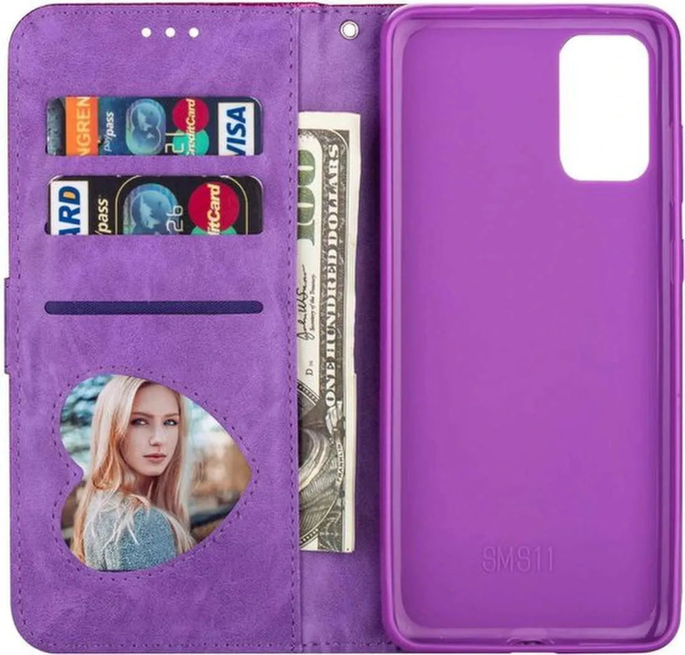 Samsung Galaxy M21 Hoesjes – Glitter Portemonnee Case met Rits – Koord – Pasjeshouder – Paars-Ilumina Benelux