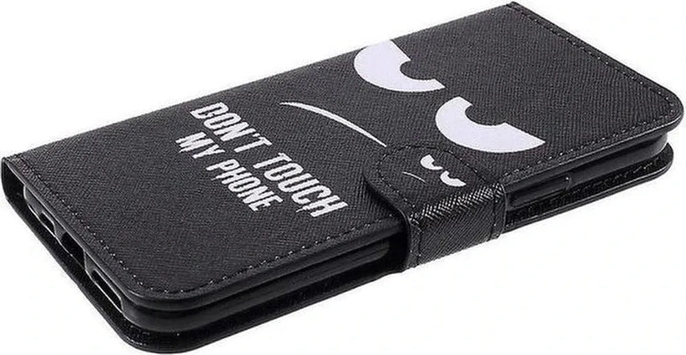 Samsung Galaxy A21 Hoesjes – Bookcase – Print Don't Touch My Phone – Magneetsluiting – Zwart-Ilumina Benelux