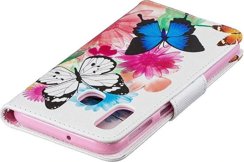 Samsung Galaxy A01 Hoesjes – Bookcase Portemonnee Hoes – Magneetsluiting – Vlinder Print – Multicolor