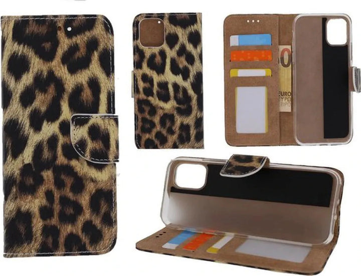 iPhone 12 Pro Max Hoesjes – Bookcase Portemonnee Hoes – Luipaard Print – Pasjeshouder – Magneetsluiting – Zwart-Ilumina Benelux