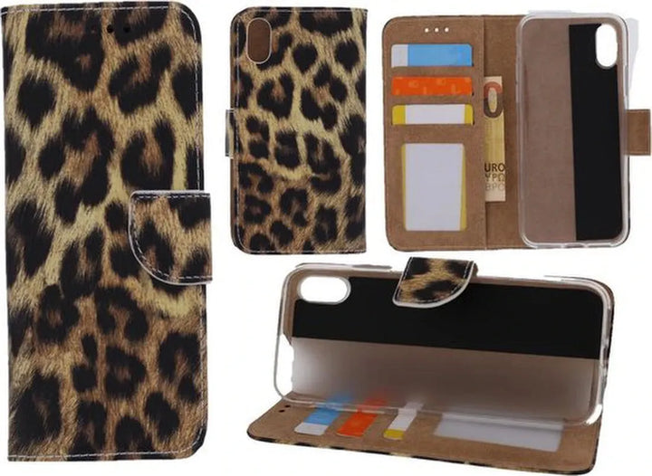 iPhone XR Hoesjes – Bookcase Portemonnee – Luipaard Print – Pasjeshouder – Magneetsluiting – Zwart/Beige-Ilumina Benelux