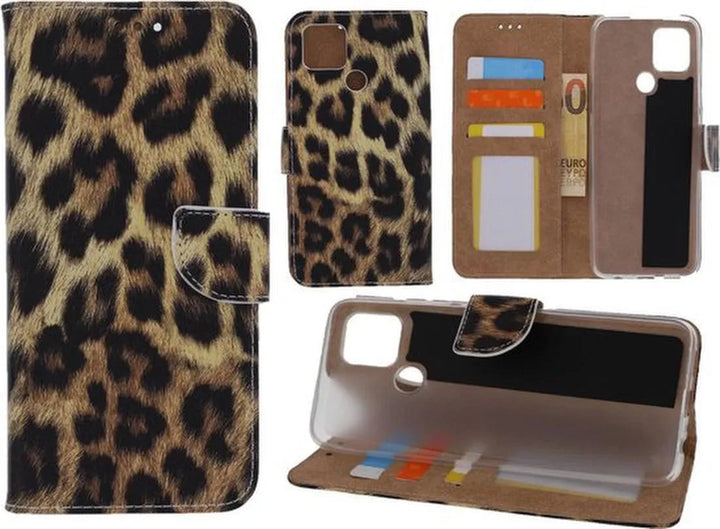 Oppo A53 4G Hoesjes – Portemonnee Bookcase – Pasjeshouder – Luipaard Print – Zwart/Beige-Ilumina Benelux