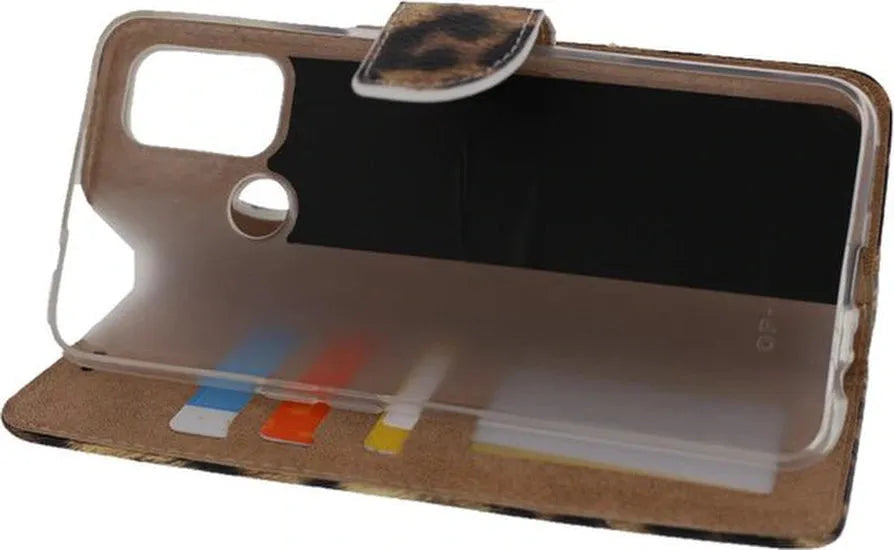 Oppo A53 4G Hoesjes – Portemonnee Bookcase – Pasjeshouder – Luipaard Print – Zwart/Beige-Ilumina Benelux