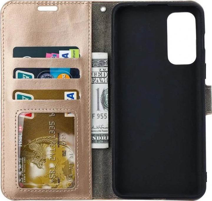 Samsung Galaxy M53 5G Hoesjes – Bookcase Portemonnee Hoes – Pasjeshouder – Magneetsluiting – Goud-Ilumina Benelux
