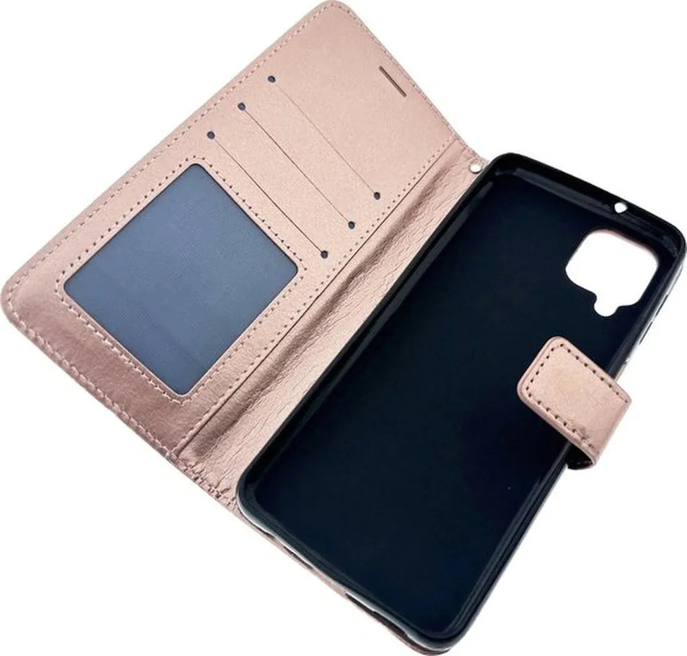 Samsung Galaxy A12 Hoesjes – Portemonnee Bookcase – Magneetsluiting – 2x Gehard Glas Screenprotector – Roségoud-Ilumina Benelux