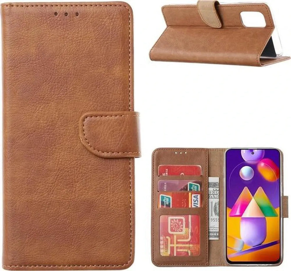 Samsung Galaxy A32 5G Hoesjes – Bookcase Portemonnee – Pasjeshouder – 2x Gehard Glas Screenprotector – Lichtbruin-Ilumina Benelux