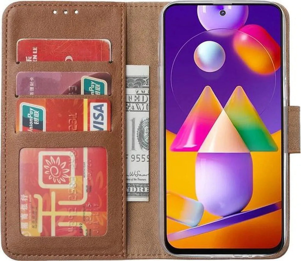 Samsung Galaxy A32 5G Hoesjes – Bookcase Portemonnee – Pasjeshouder – 2x Gehard Glas Screenprotector – Lichtbruin-Ilumina Benelux