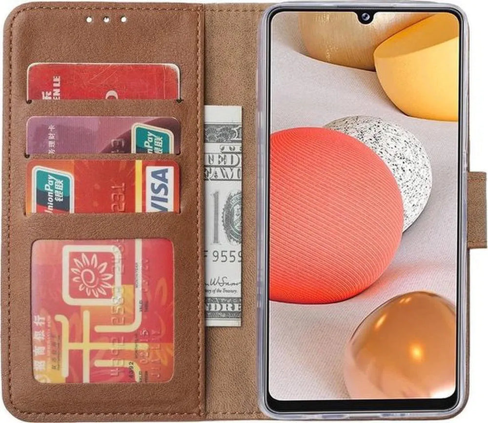 Samsung Galaxy A12 Hoesjes – Portemonnee Hoes – Pasjeshouder – Magneetsluiting – Lichtbruin-Ilumina Benelux