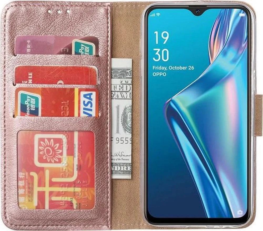 Oppo A12/A12S Hoesjes – Bookcase Portemonnee Hoes – Magneetsluiting – Inclusief 2x Screenprotector – Roségoud-Ilumina Benelux