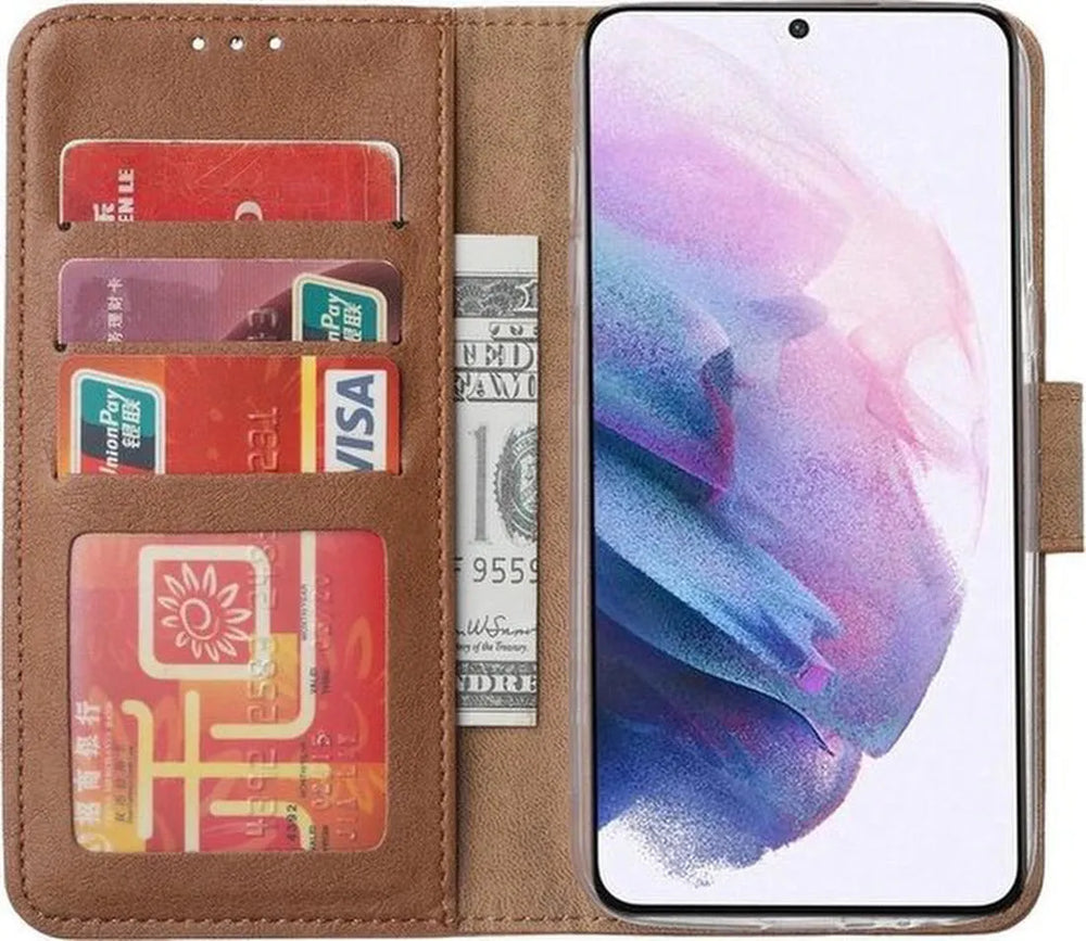 Samsung Galaxy S21 Ultra 5G Hoesjes – Portemonnee Hoes – Pasjeshouder – Magneetsluiting – Lichtbruin-Ilumina Benelux