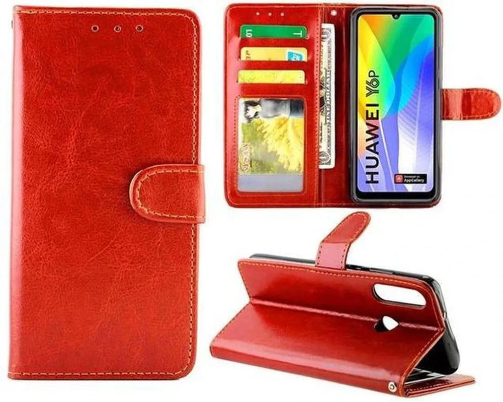 Huawei Y6p Hoesjes – Portemonnee Bookcase – Pasjeshouder – 2x Screenprotector – Rood-Ilumina Benelux