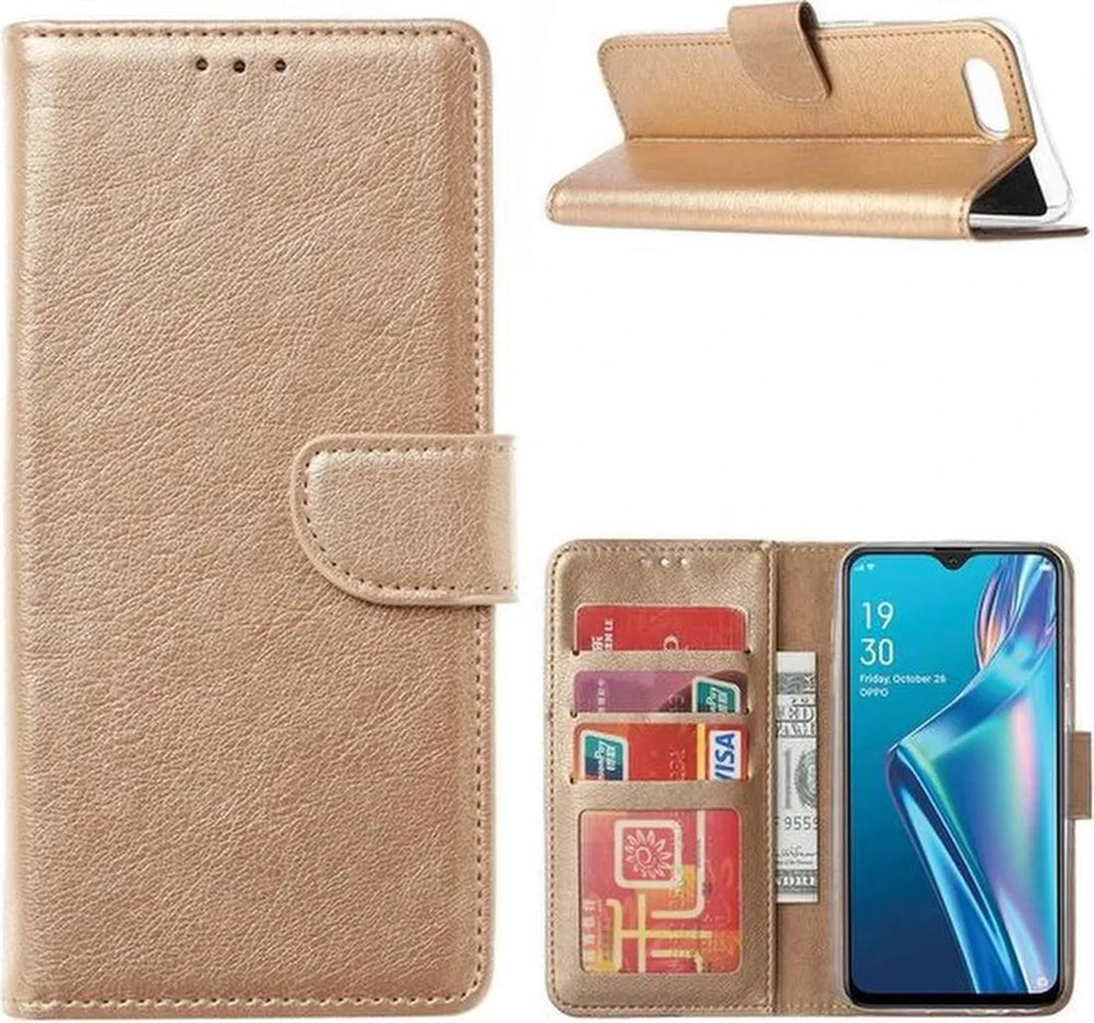 Oppo A12/A12S Hoesjes – Bookcase Portemonnee Hoes – Magneetsluiting – Pasjeshouder – Goud + 2x Screenprotector-Ilumina Benelux