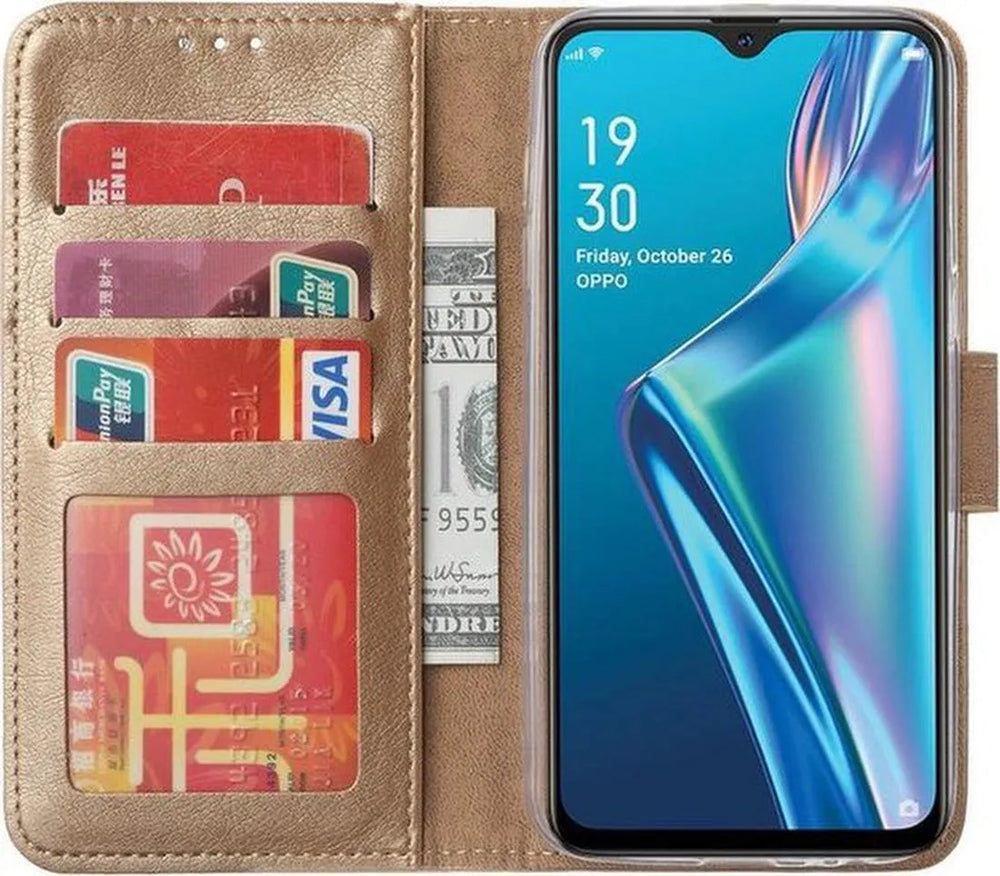 Oppo A12/A12S Hoesjes – Bookcase Portemonnee Hoes – Magneetsluiting – Pasjeshouder – Goud + 2x Screenprotector-Ilumina Benelux
