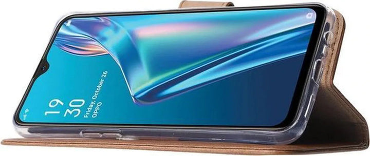 Oppo A12 Hoesjes – Bookcase Portemonnee Hoes – Pasjeshouder – 2x Screenprotector – Lichtbruin-Ilumina Benelux