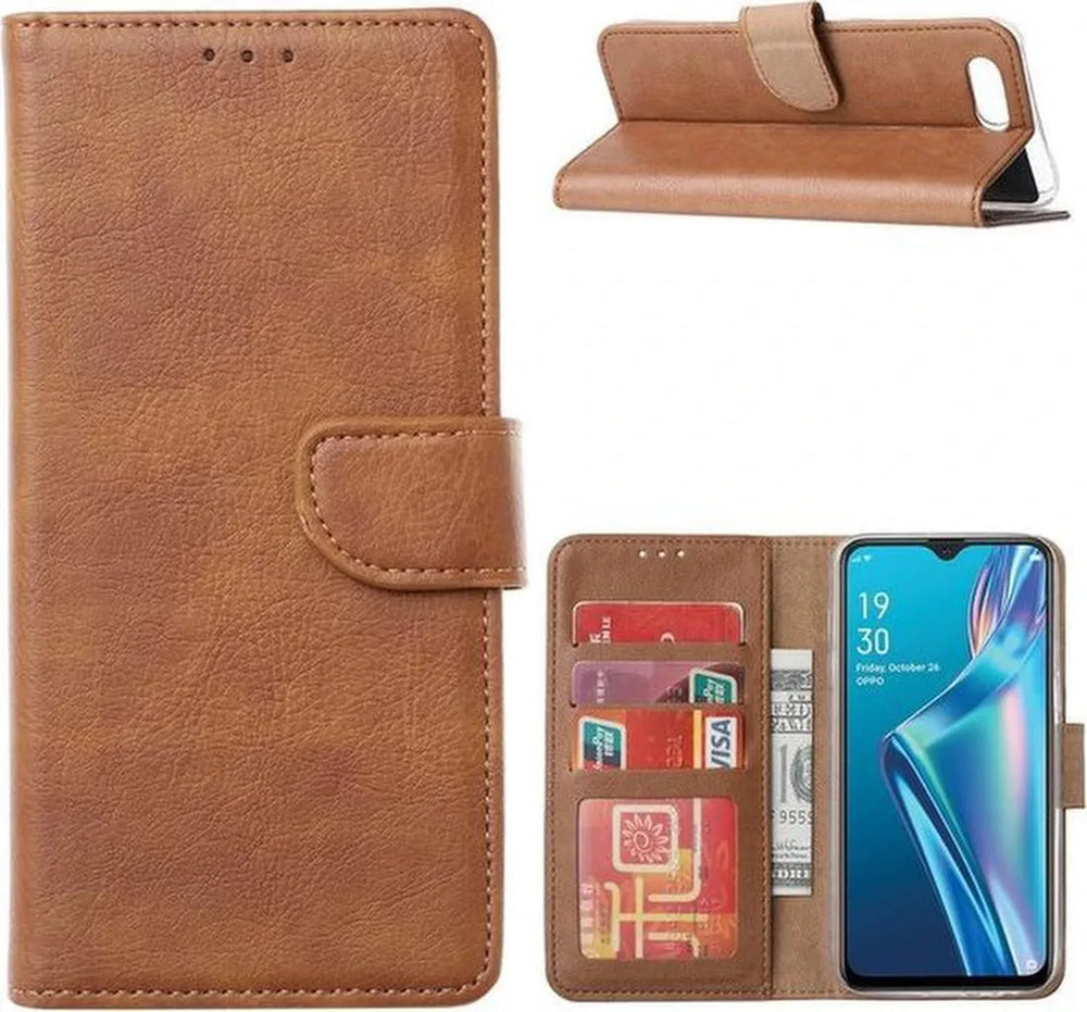 Oppo A12 Hoesjes – Bookcase Portemonnee Hoes – Pasjeshouder – 2x Screenprotector – Lichtbruin-Ilumina Benelux