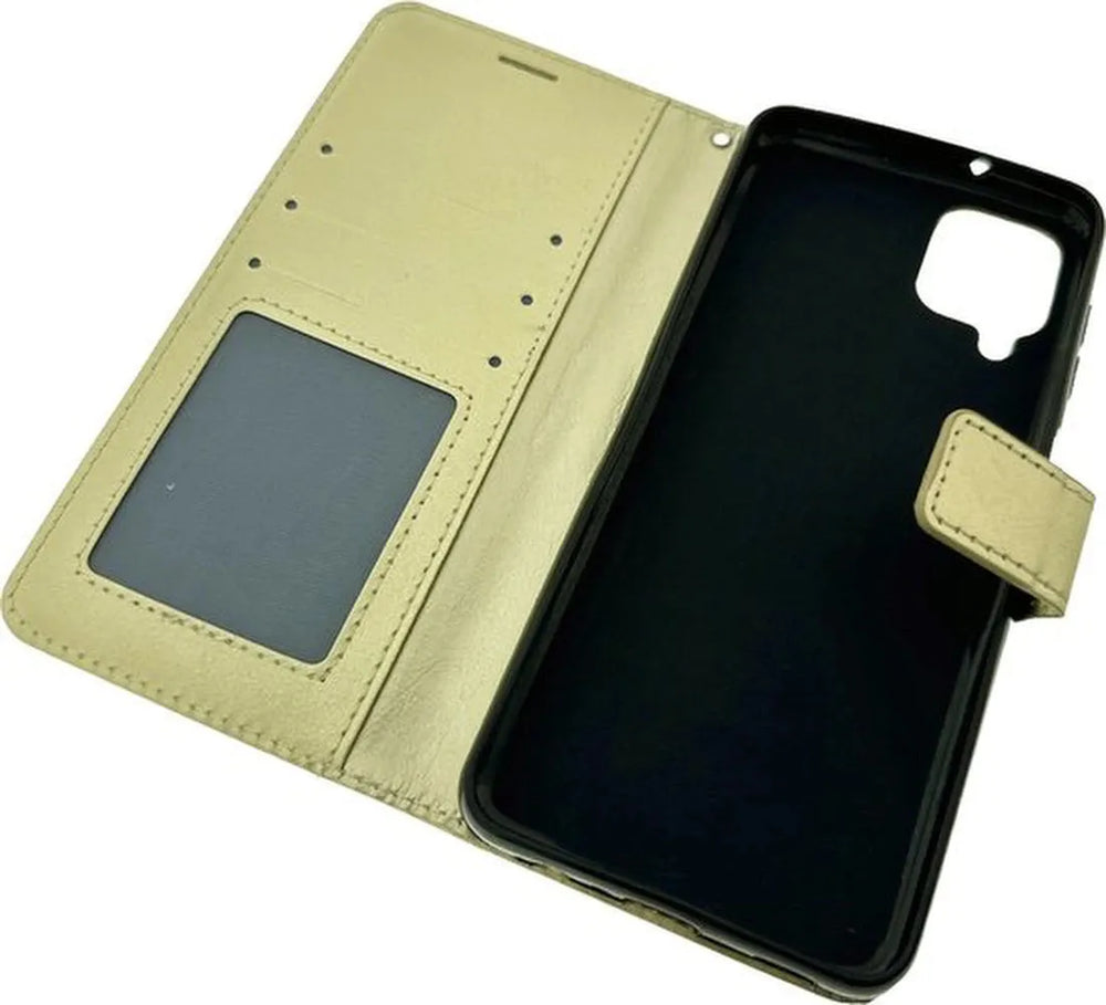 Samsung Galaxy A12 Hoesjes – Portemonnee Hoes – Pasjeshouder – 2x Gehard Glas Screenprotector – Goud-Ilumina Benelux