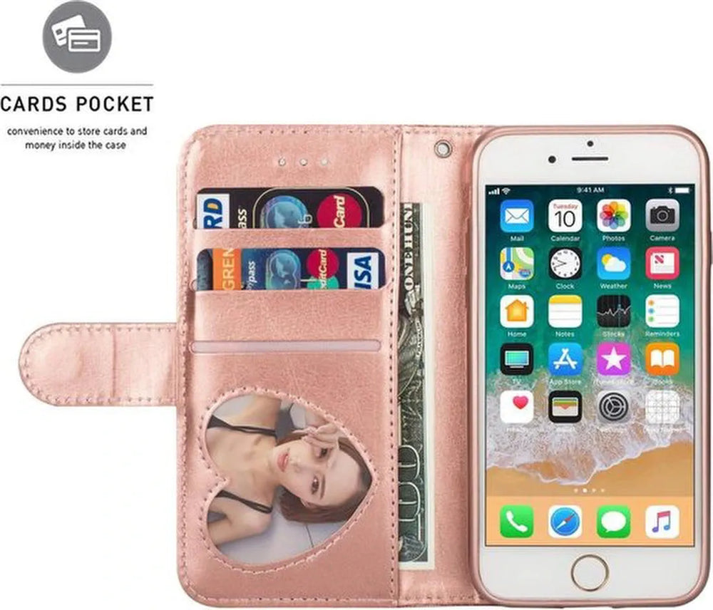 iPhone SE 2020/2022/7/8 Hoesjes – Glitter Portemonnee Case – Rits & Koord – Pasjeshouder – Roségoud-Ilumina Benelux