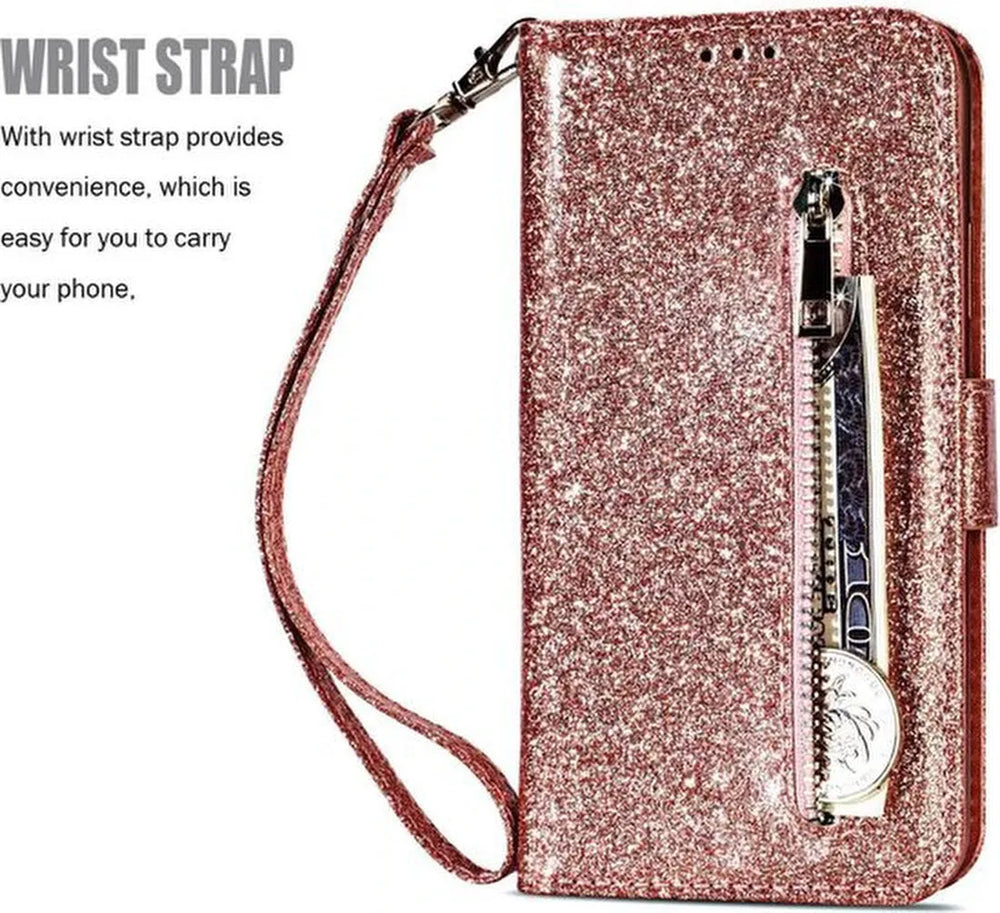 iPhone SE 2020/2022/7/8 Hoesjes – Glitter Portemonnee Case – Rits & Koord – Pasjeshouder – Roségoud-Ilumina Benelux