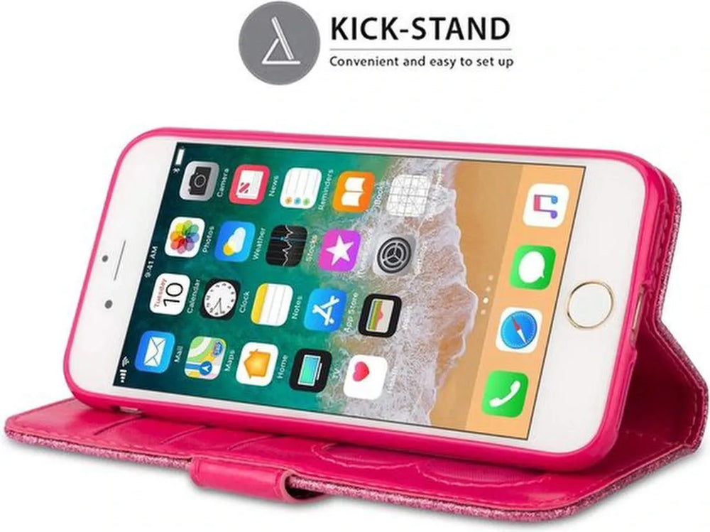 iPhone SE 2020/2022/7/8 Hoesjes – Glitter Portemonnee Case – Rits – Koord & Pasjeshouder – Roze-Ilumina Benelux