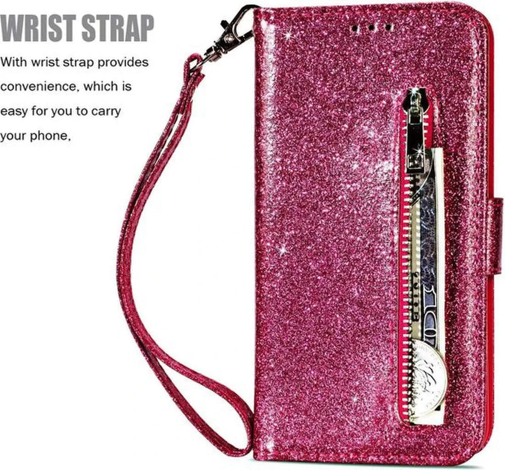 iPhone SE 2020/2022/7/8 Hoesjes – Glitter Portemonnee Case – Rits – Koord & Pasjeshouder – Roze-Ilumina Benelux
