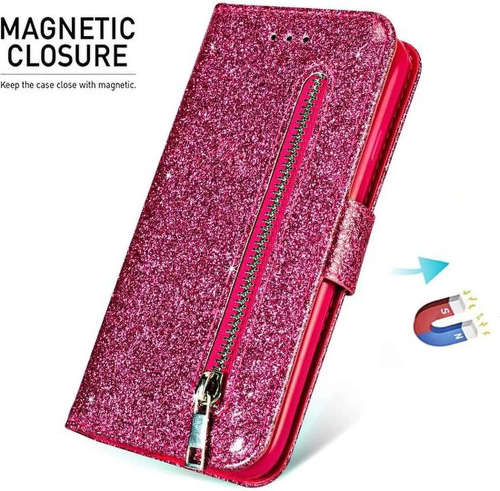 iPhone SE 2020/2022/7/8 Hoesjes – Glitter Portemonnee Case – Rits – Koord & Pasjeshouder – Roze-Ilumina Benelux