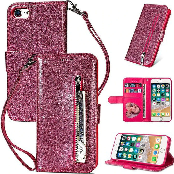 iPhone SE 2020/2022/7/8 Hoesjes – Glitter Portemonnee Case – Rits – Koord & Pasjeshouder – Roze-Ilumina Benelux