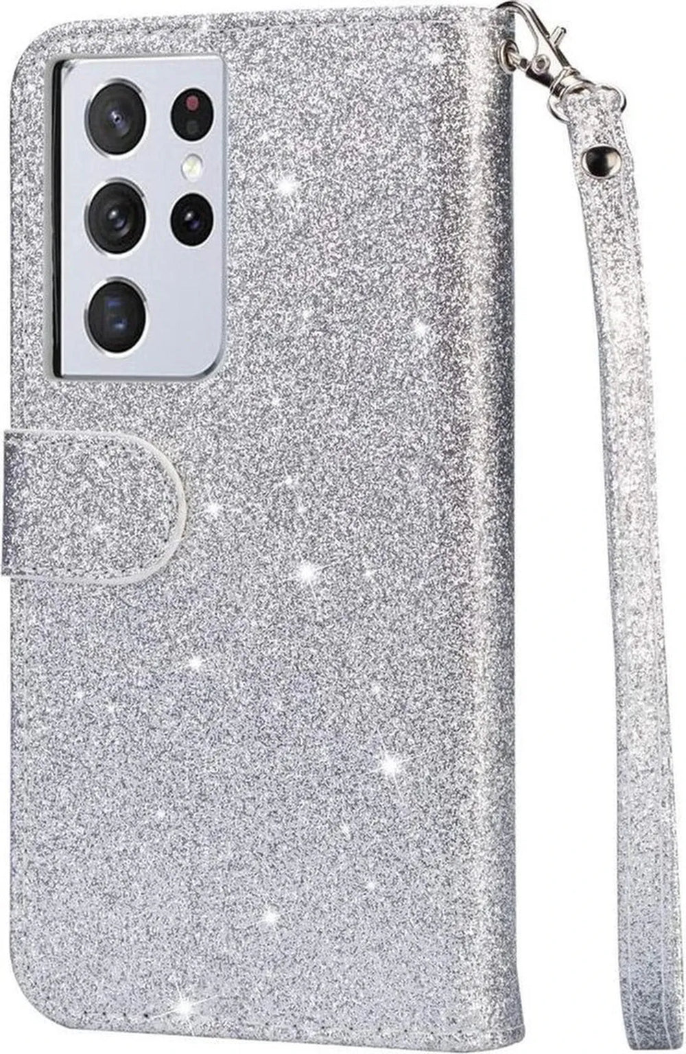 Samsung Galaxy S21 Ultra Hoesjes – Glitter Portemonnee Case – Rits & Koord – Pasjeshouder – Zilver-Ilumina Benelux