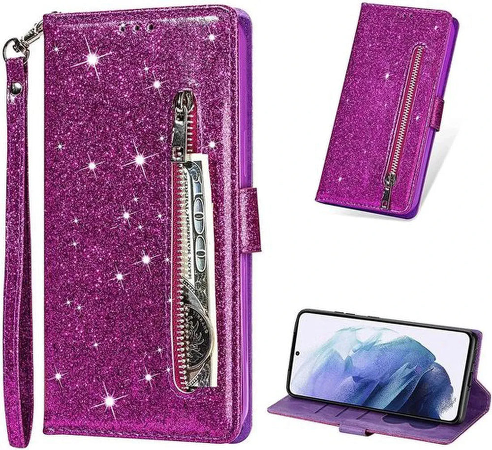 Samsung Galaxy A32 5G Hoesjes – Glitter Portemonnee Case – Rits – Koord – Pasjeshouder – Paars-Ilumina Benelux