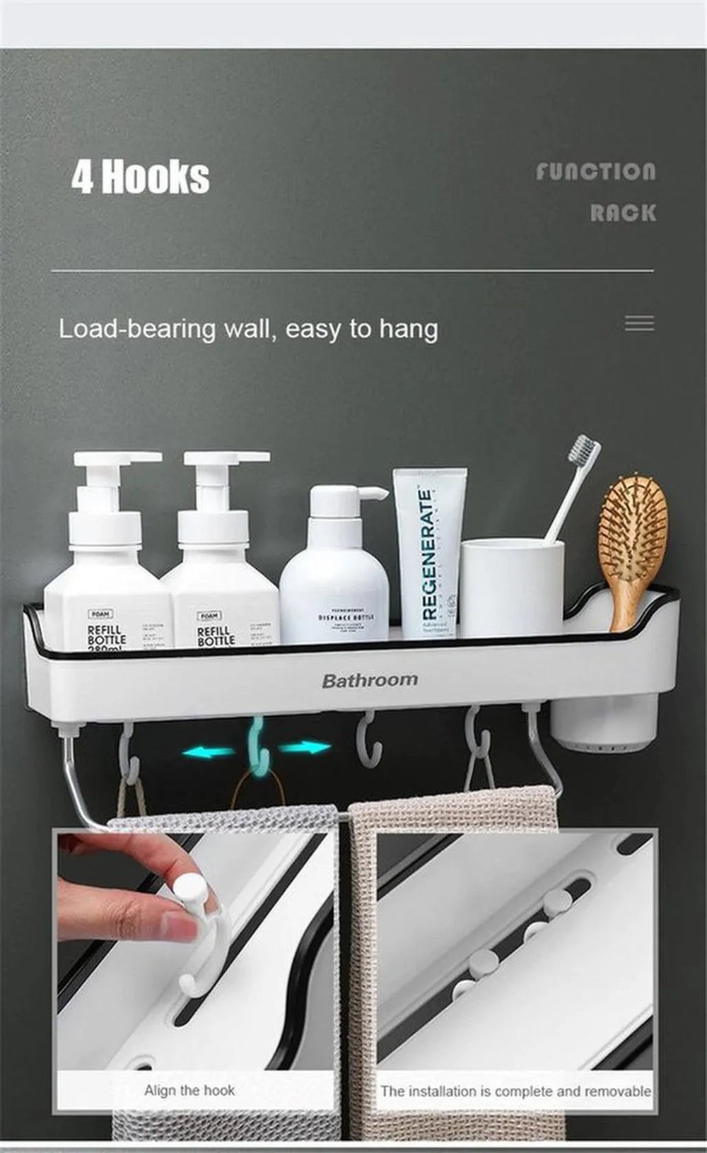 Badkamer plank wandmontage – Zelfklevend opbergrek – Shampoo houder & kruidenrek – Geen boren – 35x23,5 cm – Wit-Ilumina Benelux