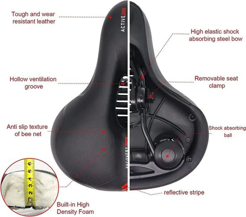 Fietszadel – Ergonomisch Breed Tourzadel – Traagschuim Langzame Rebound – Hol Design – Unisex Zwart-Ilumina Benelux