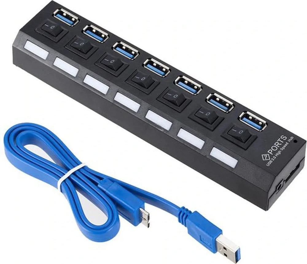 USB 3.0 Hub – 7 Poorts Splitter – 5Gbps – Aan/Uit Schakelaar – Blauw LED – Zwart-Ilumina Benelux
