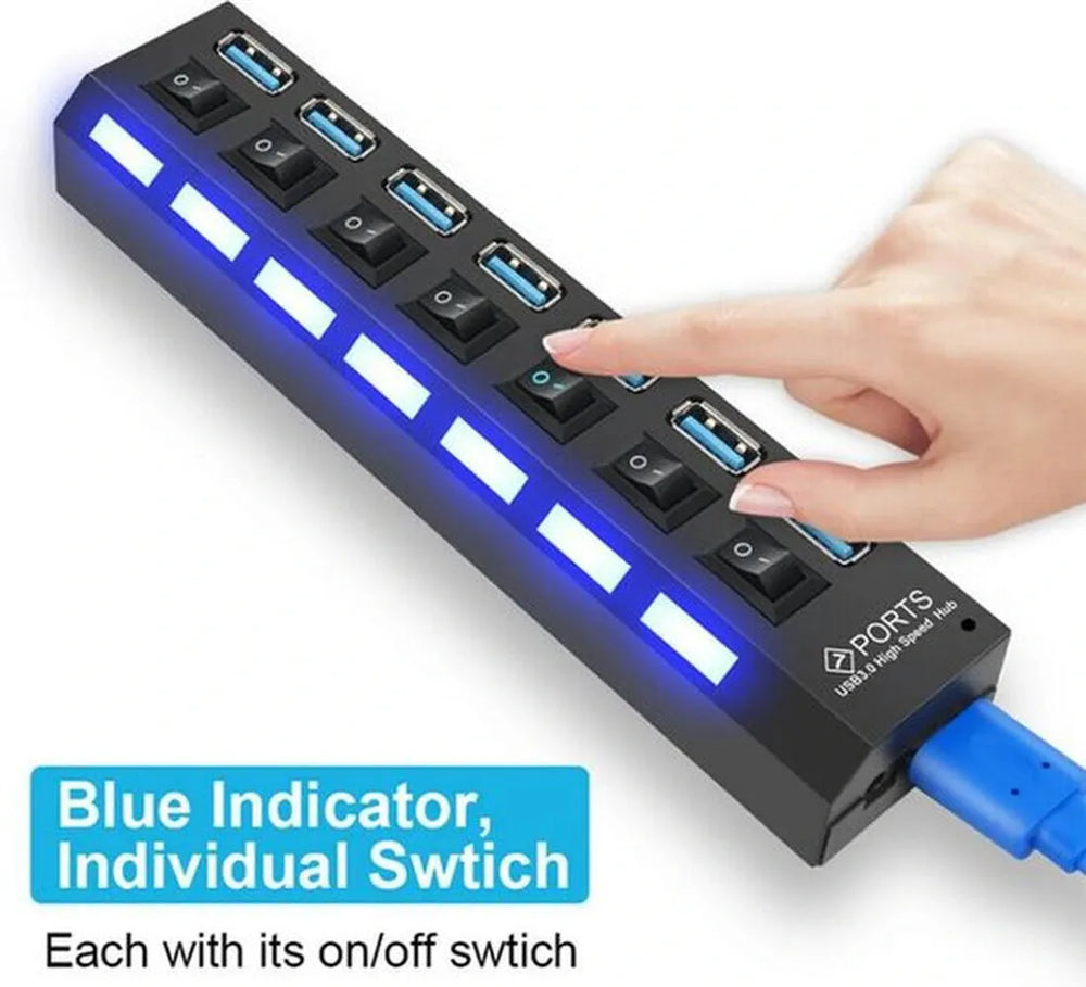 USB 3.0 Hub – 7 Poorts Splitter – 5Gbps – Aan/Uit Schakelaar – Blauw LED – Zwart-Ilumina Benelux