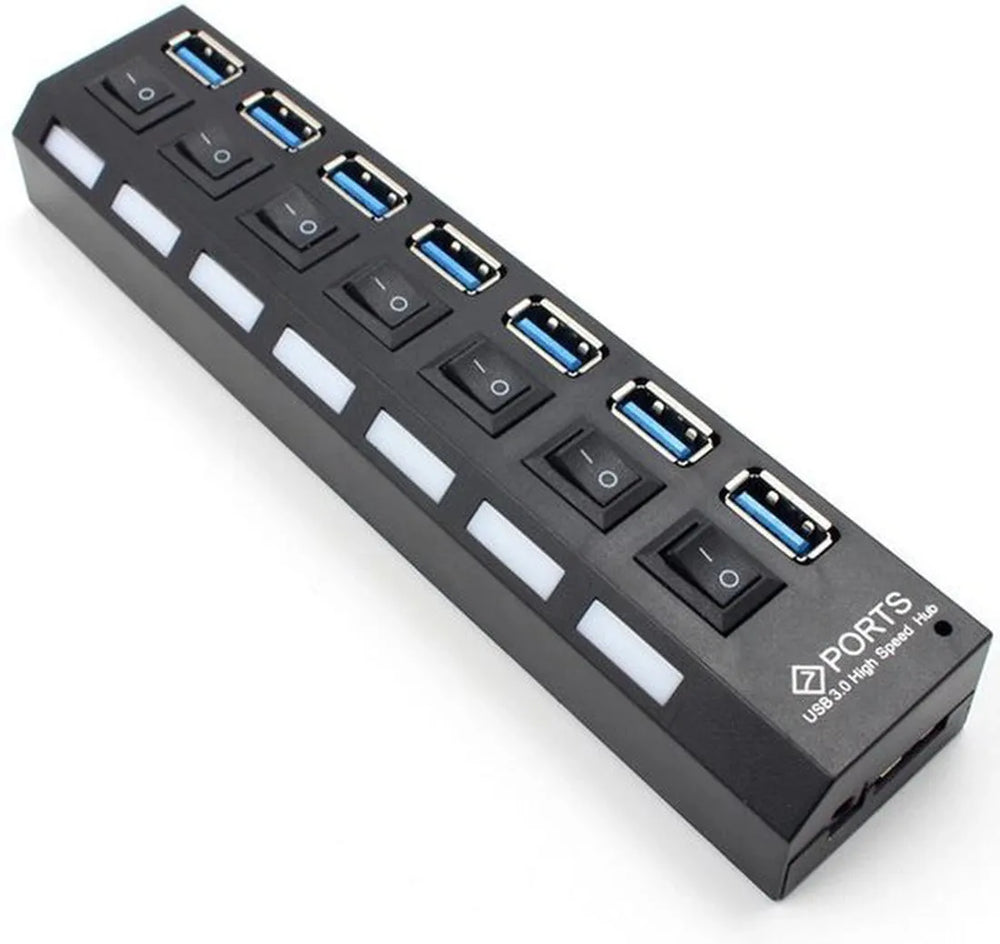 USB 3.0 Hub – 7 Poorts Splitter – 5Gbps – Aan/Uit Schakelaar – Blauw LED – Zwart-Ilumina Benelux