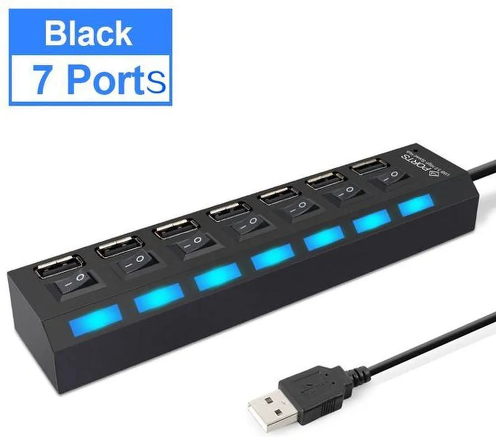 USB 3.0 Hub – 7 Poorts Splitter – 5Gbps – Aan/Uit Schakelaar – Blauw LED – Zwart-Ilumina Benelux