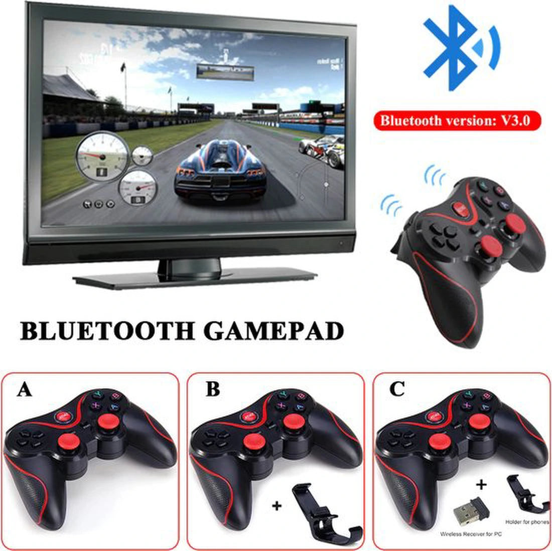 Smartphone Game Controller Draadloze bluetooth Gamepad Joystick Geschikt voor Playstation 3 PS3 Android Tablet PC Laptop TV BOX met telefoonhouder - blauw