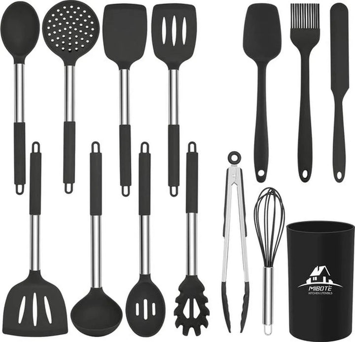 Keukengerei set – 14-delig met houder – Hittebestendig – BPA-vrij siliconen – Zwart-Kookgerei set-Ilumina Benelux