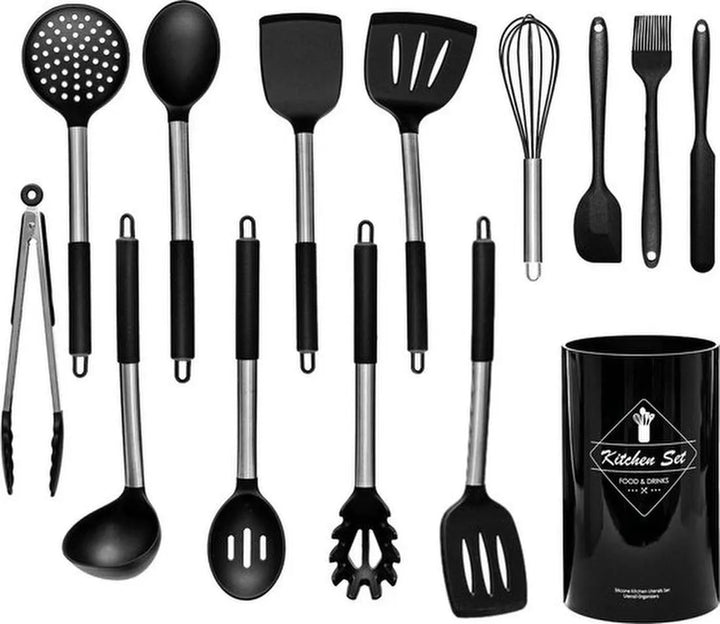 Keukengerei set – 14-delig met houder – Hittebestendig – BPA-vrij siliconen – Zwart-Kookgerei set-Ilumina Benelux
