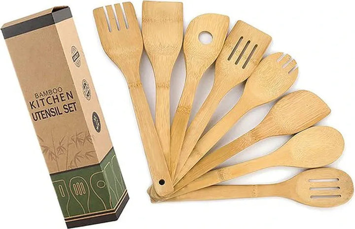 Bamboe kookgerei set – 8-delig – Spatels, lepels & schuimspaan – Houten keukengerei – Naturel-Kookgerei set-Ilumina Benelux