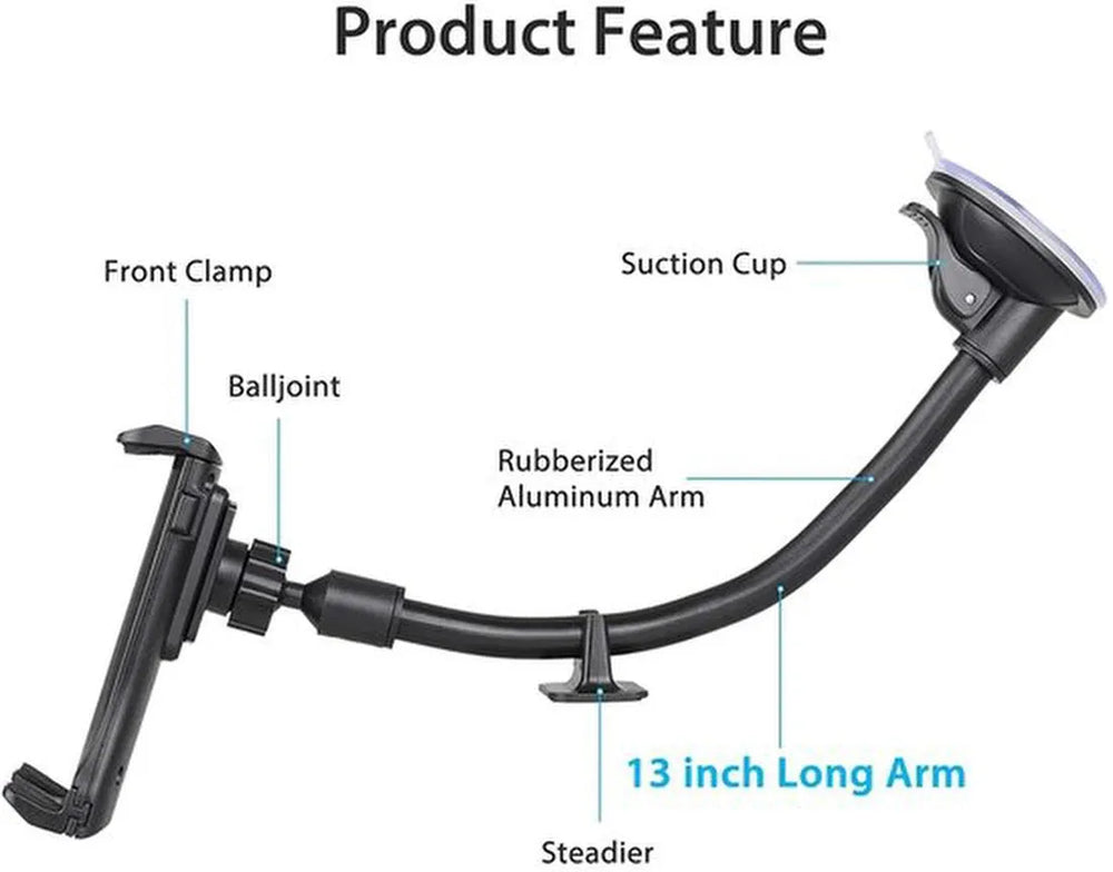 Telefoonhouder auto – 360° draaibaar – Lange arm zuignap voorruit/raam – Universeel 4-10.5 inch – Zwart-Tablethouder-Ilumina Benelux