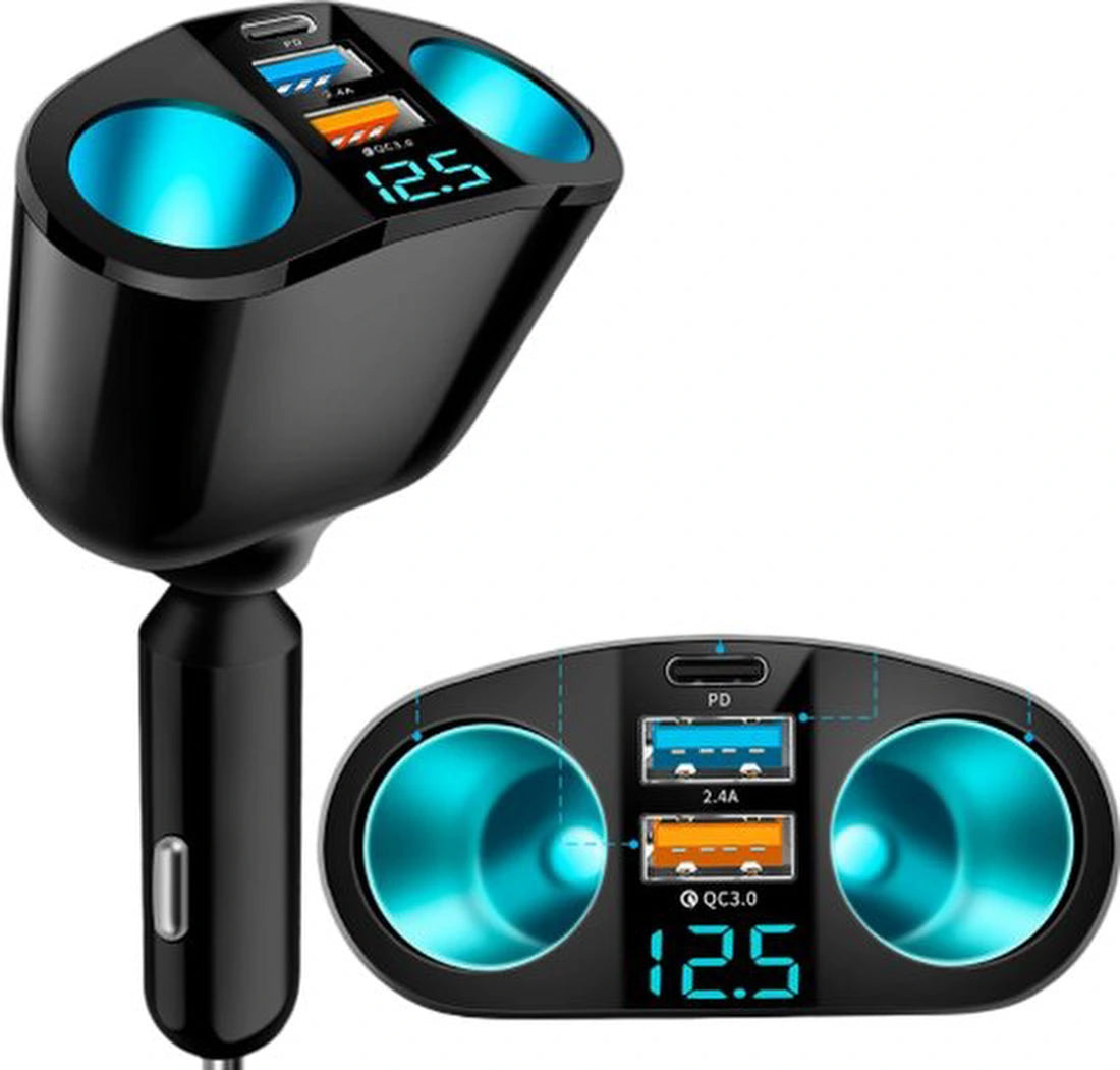 Sigarettenaansteker splitter auto – 3 poorten 1x USB-C 2x USB-A – 12V-24V – 120W – Zwart